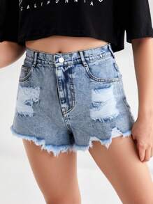 Teen Girls Y2K Style Faded Distressed Ripped Loose Straight Leg Denim Shorts, Soft & Comfortable Fabric, & Versatile For Casual Wear - Light Wash - View 3