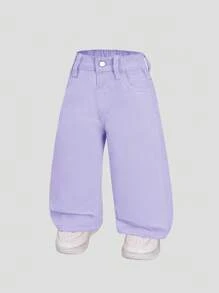 SHEIN 女婴新款时尚休闲牛仔短裤，直筒水洗牛仔裤 - 紫色 - 查看 3