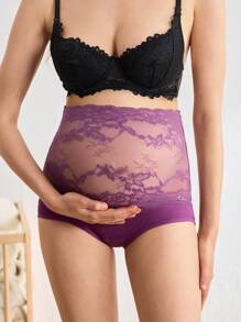 BloomMama Maternity Lace Patchwork High Waist High Elastic Comfy Briefs, Purple - Purple - View 3