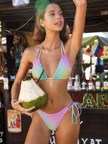 Swim Vcay Summer Women 2pcs Gradient Color Printed Triangle Bikini Set With Tie String Bottoms For Beach Vacation
