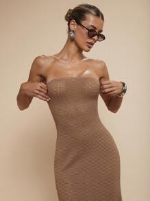 COSMINA Vacation Outfits Woman,Women's Solid Color Bandeau Fitted Mid-Calf Dress, Fashion Summer - Brown - View 4