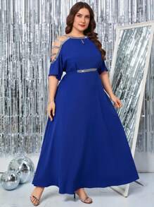 Gownix Große Größen Kurvenreiches Elegantes Abendkleid in Blau mit silbern glitzernden Pailletten, figurbetonende A-Linie Passform für Damen, Damen Hellblaues Kleid, Ausgehoutfit, Damenkleider, Elegante Kleider, Off-Shoulder Kleider, Elegante Kleider, Elegante Kleider, Elegante Kleider, Elegante Kleider, Elegante Hochzeitskleider, Damen Frühling/Sommer Kleider, Damen Resort Kleider