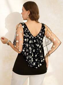 SHEIN Clasi قميص تي شيرت أنيق بطراز نقدي رجعي للعودة إلى المدرسة، مع رقعة زهرية، شبكي وتشطيب كشكش، طراز فرنسي فينتاج للسبعينات للعودة إلى المدرسة