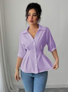 Franclia Blusa con escote en V blanca de manga corta y cintura ceñida, diseño único para verano - Morado - Ver 4