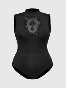 ROMWE Goth J-Fashion 女式加大码镂空刺绣交叉领无袖紧身衣 - 黑色 - 查看 1