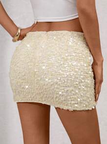 Glamine Women's Solid Color Shiny Sequin Decor Flared Mini Skirt,Sequined Skirt,Summer Skirts, Women Summer Outfits - Apricot - View 2