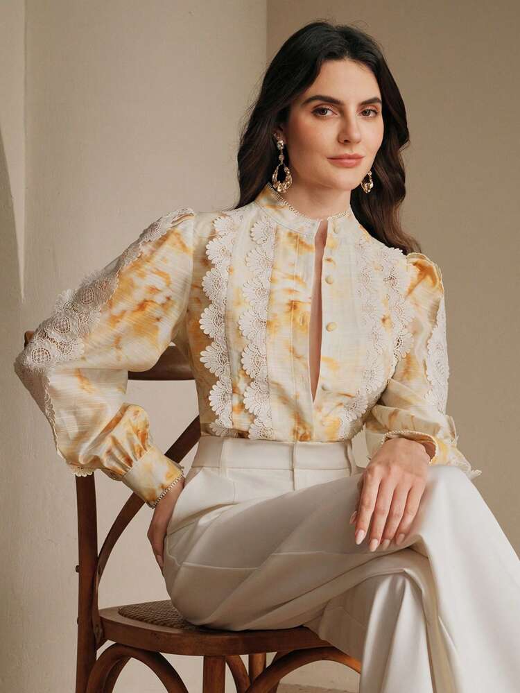 Spring New Dopamine Heavy Lace Trim Splicing Long Sleeve Yellow Tie Dye Print Stand Collar Women Shirt