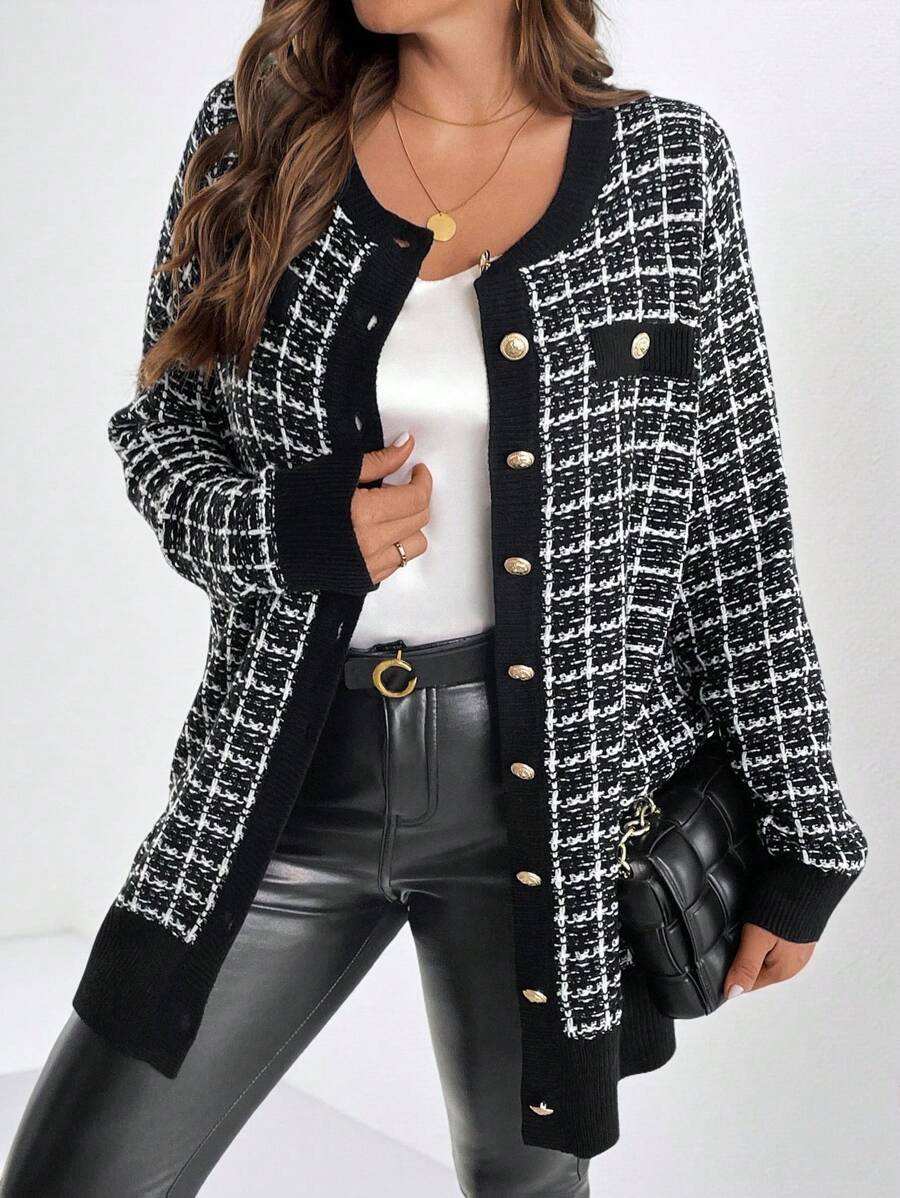 SHEIN Clasi Plus Size Plaid Front Button Casual Cardigan For Autumn & Winter Fall - Black and White - View 1