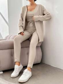 EURMUSE Conjunto casual de mujer de 3 piezas: Cárdigan acanalado de manga larga con hombros caídos de unicolor, top tipo camiseta y pantalones - Caqui - Ver 4