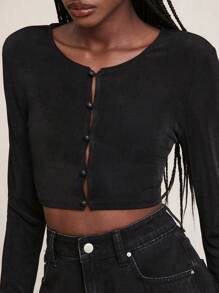 NYA SZN Top Basic Button Up Crew Neck Long Sleeve Crop SummerFor Women - Black - View 3