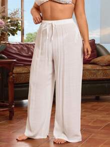 Swim Vcay Plus Size Casual Drawstring Solid White Cover Up Pants For Summer Beach Vacation - White - View 5