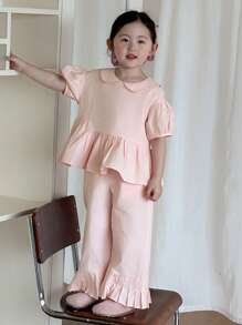 DAZY Young Girl (Small) Cute Peter Pan Collar Puff Sleeve Shirt + Mid-Length Flared Hem Relaxed Casual Pants 2-Piece Set, Summer - Pink - View 3