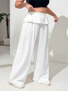 SHEIN EZwear بنطال مريح بخصر واسع وذو ساق واسعة وواسعة الأرجل للنساء ذوات الحجم الكبير، بلون أحادي لفصل الصيف - أبيض - مشاهدة 6