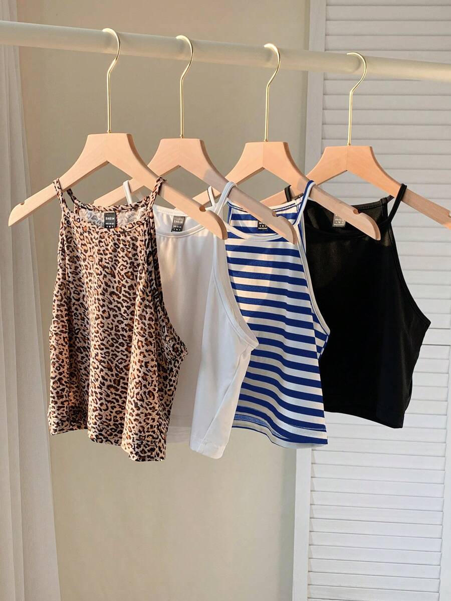 SHEIN EZwear 4 件套女士豹纹和条纹图案紧身休闲吊带背心,适合夏季 - 彩色 - 查看 1