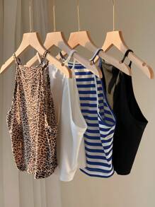 SHEIN EZwear 4 件套女士豹纹和条纹图案紧身休闲吊带背心，适合夏季 - 彩色 - 查看 5
