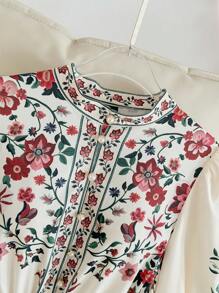 SHEIN 少女碎花灯笼袖收腰A字连衣裙 - 米色 - 查看 4