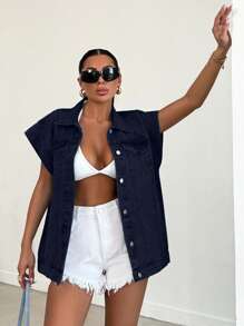 SHEIN Cottnline 100%Cotton Elastic Band Detailed, Rigid Vest - Dark Wash - View 3