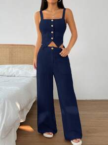 SHEIN EZwear 女士简约纯色单排扣短款吊带背心和阔腿裤两件套，适合夏季