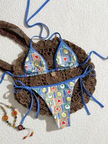 Swim Vcay Women's Plaid Patchwork Tropical Plant & Oceanic Print Bikini 2 Pieces Set For Summer Beach Vacation - Blue - View 1