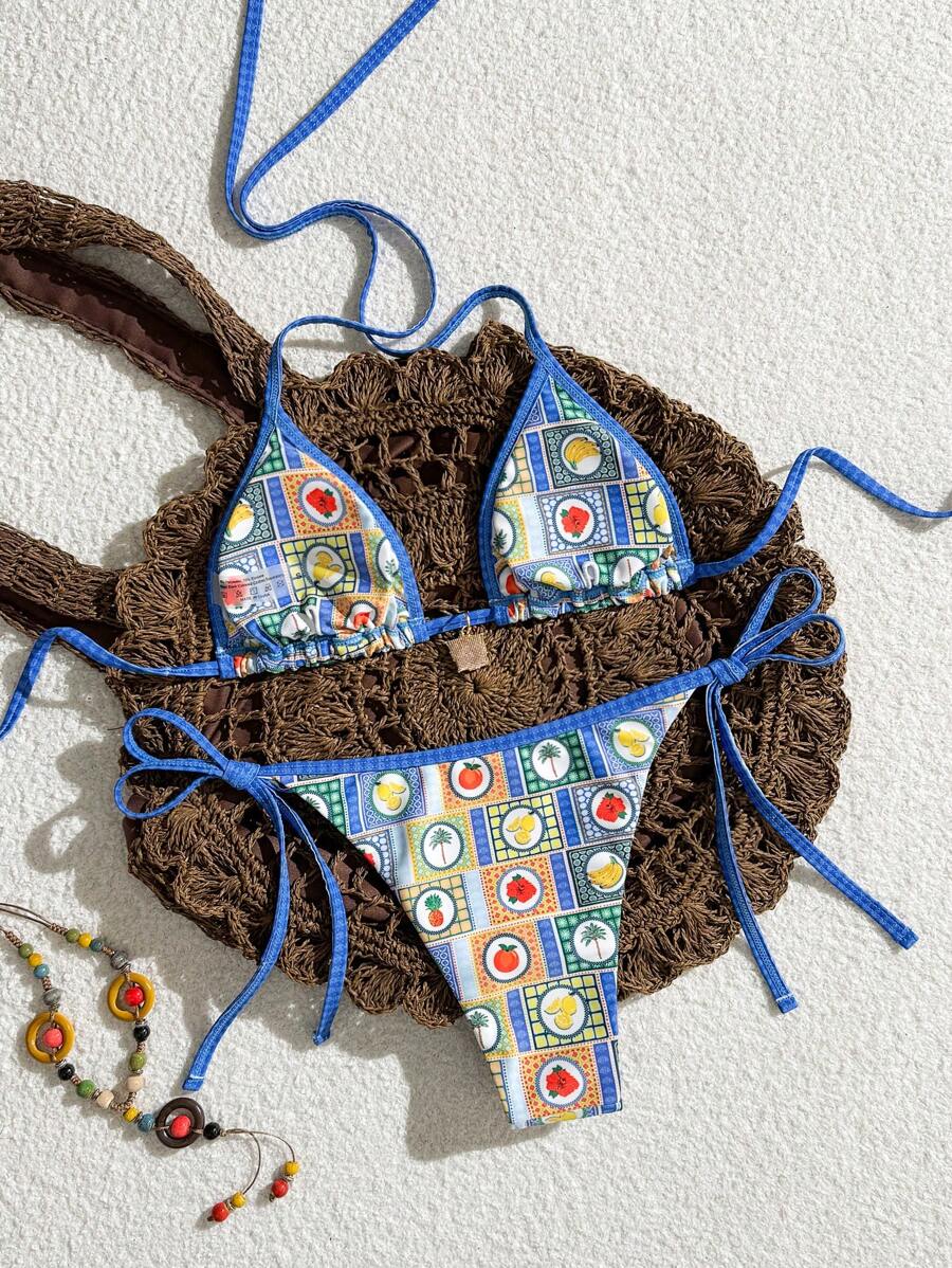 Swim Vcay Women's Plaid Patchwork Tropical Plant & Oceanic Print Bikini 2 Pieces Set For Summer Beach Vacation - Blue - View 1