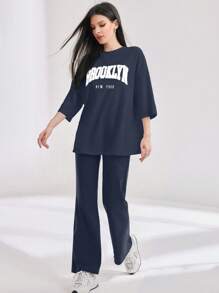 Mulvari 2pcs/Set Women Letter Print Round Neck Tee And Flared Pants, Casual Women's Summer Slogan Print Dropped Shoulder T-Shirt And Casual Pants 2pcs/Set, Casual Outfits Tracksuit 2 Pieces Lounge Set, Suitable For Walking/Sports/Back To School & Everyday Casual Wear Contains Cotton, Quick Sweat Absorption - Navy Blue - View 5