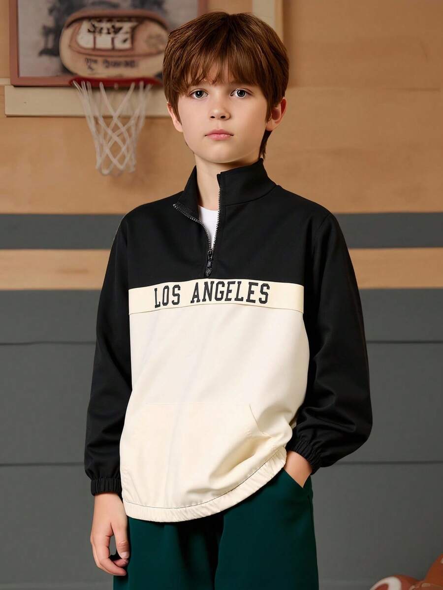 Tween Boy Contrast Color Half-Zip Up Casual Long Sleeve Jacket With Fashionable Letter Print - Black and White - View 1