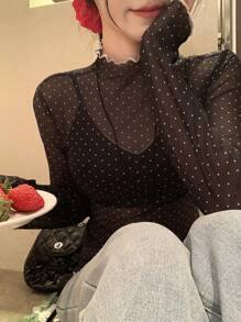 DAZY Casual Women's Polka Dot Long Sleeve T-Shirt, Korean Style, Summer,Fall Women Clothes - Black - View 2