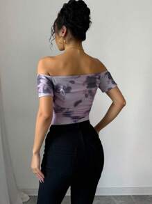 Elenzga Women's Floral Print Off Shoulder Mesh T-Shirt - Mauve Purple - View 2