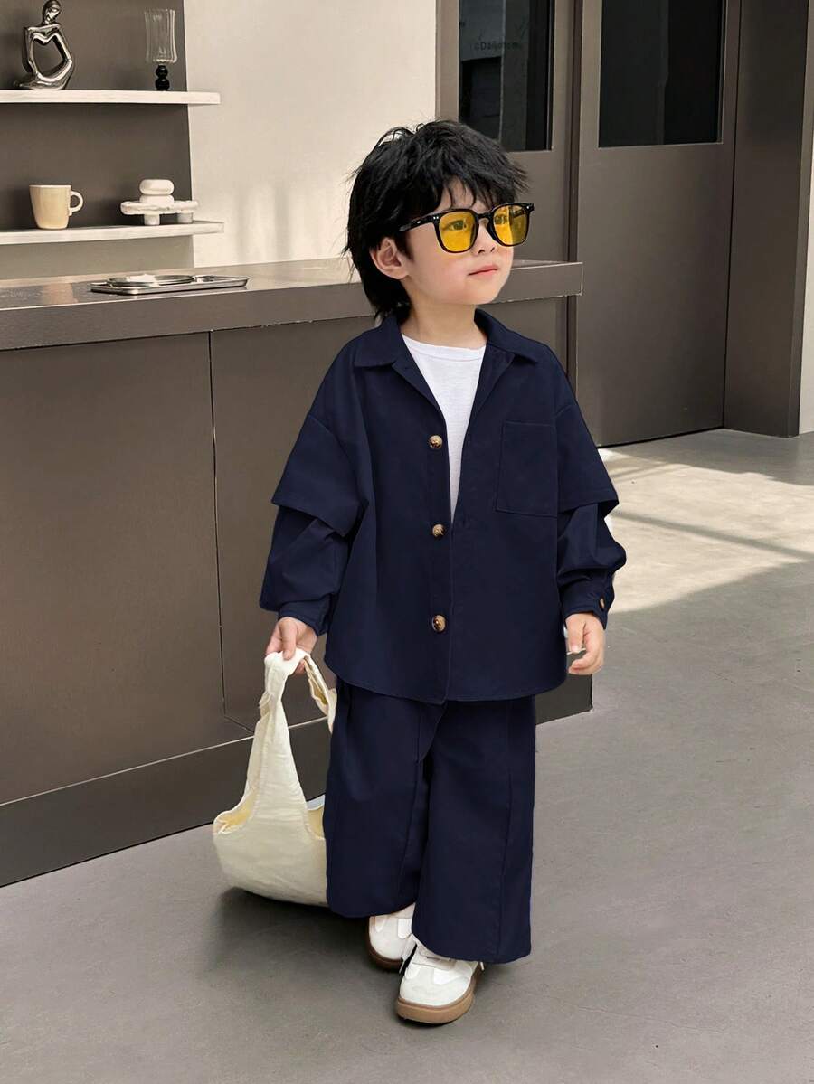 SHEIN 2pcs/Set Young Boys Summer Korean Style Casual Oversized Solid Color 2 In 1 Long Sleeve Pocket Shirt And Elastic Waist Straight Leg Pants Suit