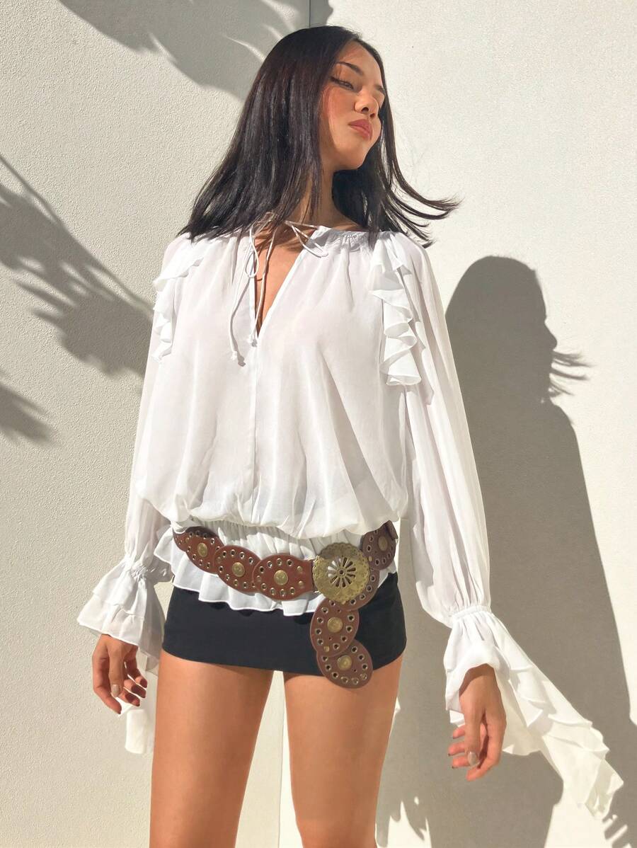 Aloruh 女士海滩度假波西米亚风荷叶边系带宽松透明天丝雪纺罩衫，优雅浪漫，适合度假 - 白色 - 查看 1