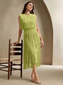 Anewsta 沙漠女神流苏波西米亚风格修身长裙，适合节日和音乐节 - 酪梨綠 - 查看 1