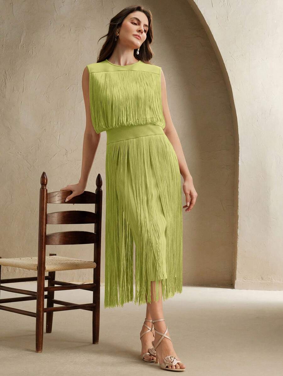 Anewsta 沙漠女神流苏波西米亚风格修身长裙，适合节日和音乐节 - 酪梨綠 - 查看 1