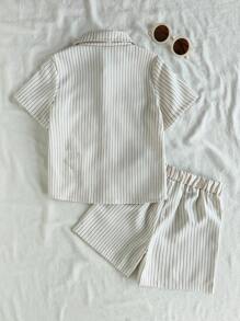 SHEIN 2pcs/Set Boys Casual Striped Polo Collar Short Sleeve T-Shirt & Shorts Set, Simple Outfit Suitable For Outdoor, School And Daily Wear, Fits Ages 4-7 Years - White - View 3