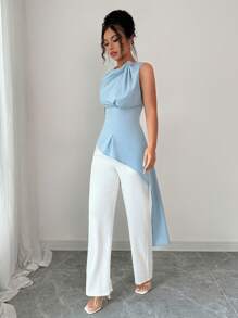 Elenzga 女士优雅褶皱设计无袖上衣，夏季百搭衬衫