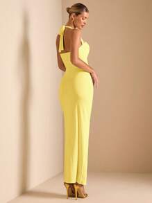 SHEIN BAE Đầm Maxi Ôm Sát Gợi Cảm Khoét Hở Lưng Buộc Dây Kim Loại Nhiều Lớp, Phong Cách Kỳ Nghỉ - Màu vàng - Xem 2