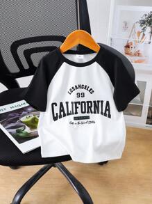 Girls Knit Raglan Black Round Neck Short Sleeve T-Shirt, Contrast White Letter Print, Suitable For Summer Daily Wear, Outings, Travel, And Parties - Black and White - View 1