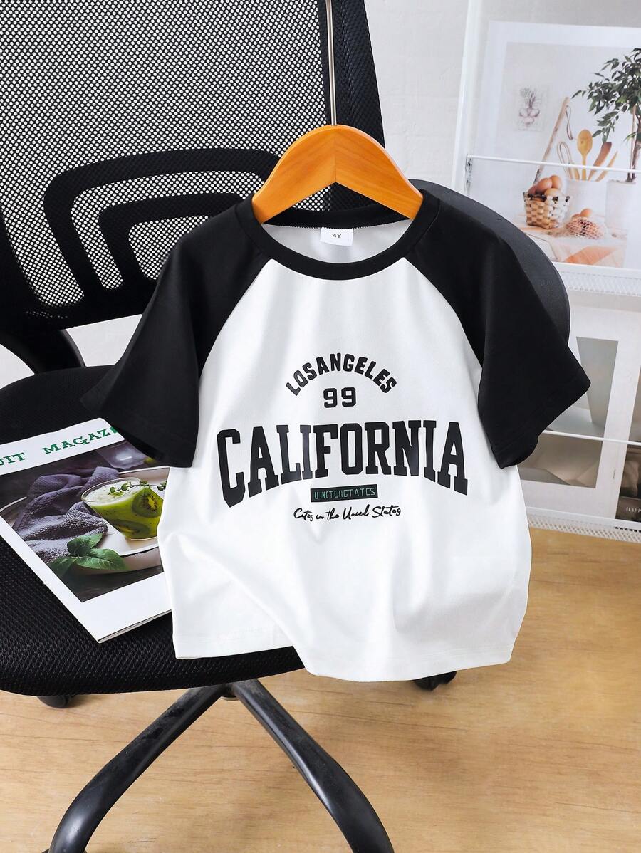 Girls Knit Raglan Black Round Neck Short Sleeve T-Shirt, Contrast White Letter Print, Suitable For Summer Daily Wear, Outings, Travel, And Parties - Black and White - View 1