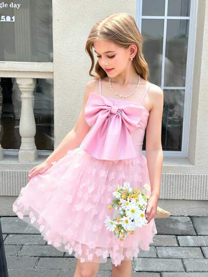 女童纯色梭织大蝴蝶结吊带背心和 3D 花卉裙两件套，可爱公主裙