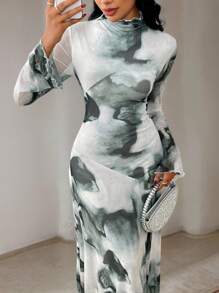 Veilorie 女士优雅扎染印花立领连衣裙 - 彩色 - 查看 5