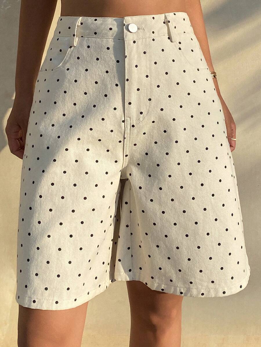 Livesso New Loose Casual Summer Beach Wear Polka Dot Women Denim Shorts - White - View 1