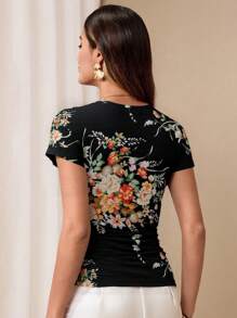 SHEIN Unity 女士优雅印花修身上衣 - 黑色 - 查看 2
