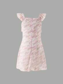 Tween Girls' Elegant V-Neck Sleeveless Waist Ruffle Trim Mini Chiffon Ditsy Floral Fitted Party Dress In Pink - Pink - View 2