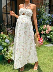 SHEIN 孕妇无袖镂空褶饰花卉印花孕妇连衣裙 - 彩色 - 查看 5