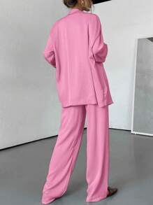 Aveloria Modichic 女士秋季两件套纹理套装，粉色休闲纽扣衬衫阔腿裤套装家居服运动服优雅商务休闲女装 - 淺粉色 - 查看 2