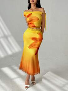 SHEIN PETITE 2 件套扎染花朵针织网眼短款上衣和美人鱼长裙，女士夏季度假装，适合日常穿着 - 彩色 - 查看 4