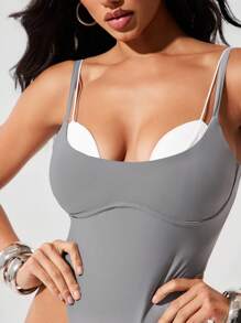 Denimoi Two Tone Double Layered High Cut Cami Bodysuit - Black and White - View 3