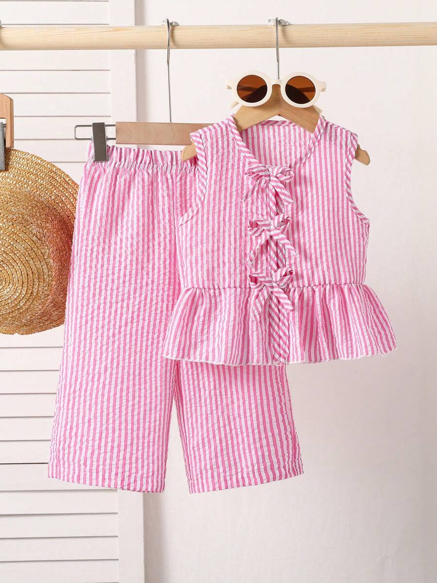 SHEIN Playful Pals 2pcs/Pack Infant/Toddler Girls Spring/Summer Casual Sweet Daily Holiday Striped Woven Sleeveless Tank Top And Wide Leg Pants 2 Pieces Outfit Set, 0-3 Years Old - Pink - View 1