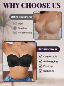 1pc Women Sexy Lace Wire-Free Bra, Small Bust Enhancing Push-Up, Slip-Resistant Seamless Convertible Backless Bra - Black - View 7