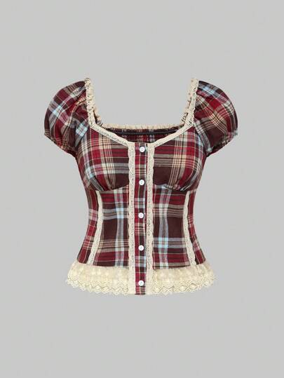 Vintage französischer Stil Kontrast-Spitzensaum kariertes Oberteil mit Kragen und Puffärmeln für Mädchen