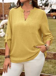 EMERY ROSE Plus Size Women's Plain V-Neck Roll-Up Sleeve Casual Blouse - Mustard Yellow - View 4